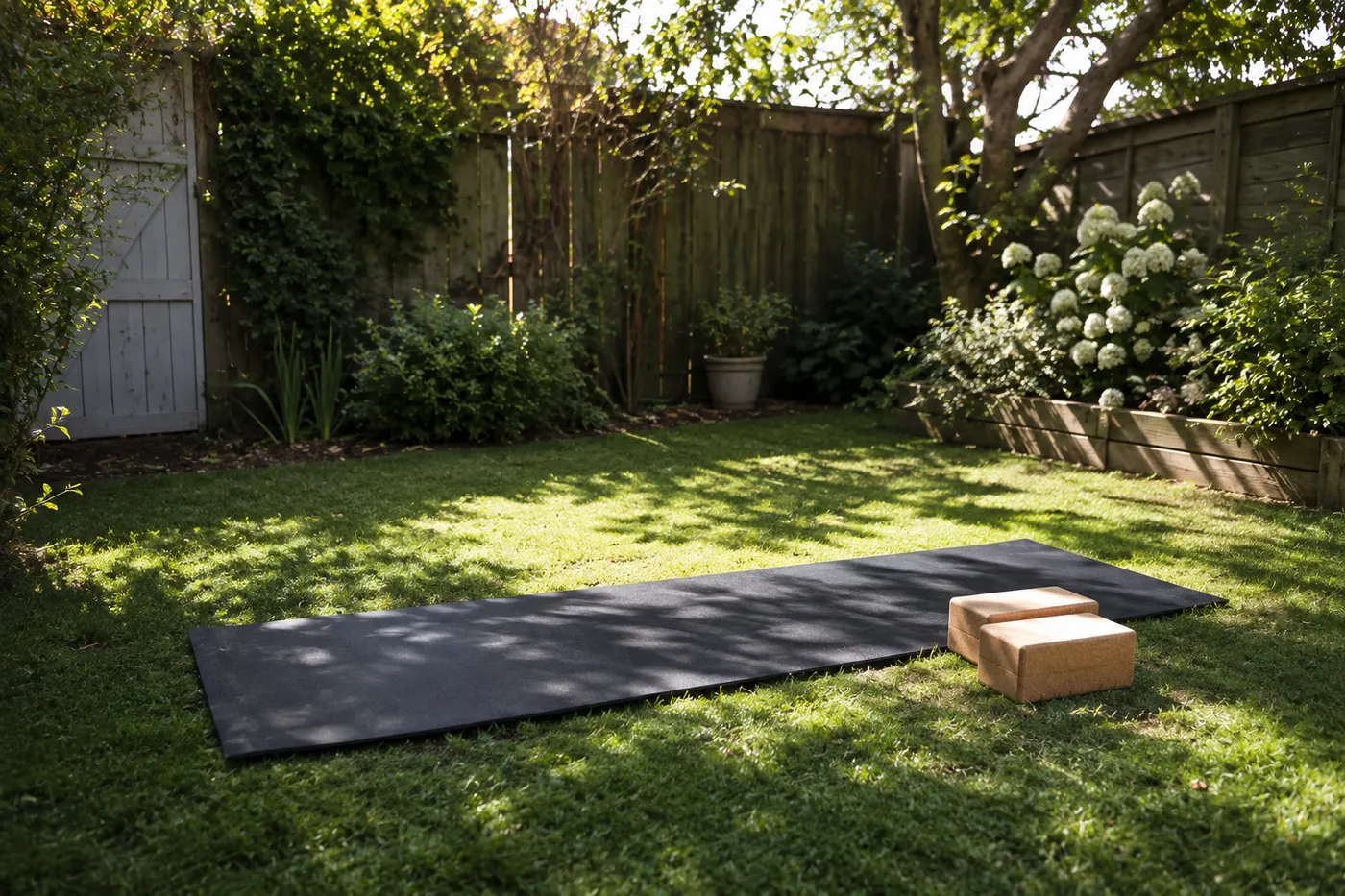 A yoga mat and two cork blocks laid out on the grass in a quiet, sunlit walled garden